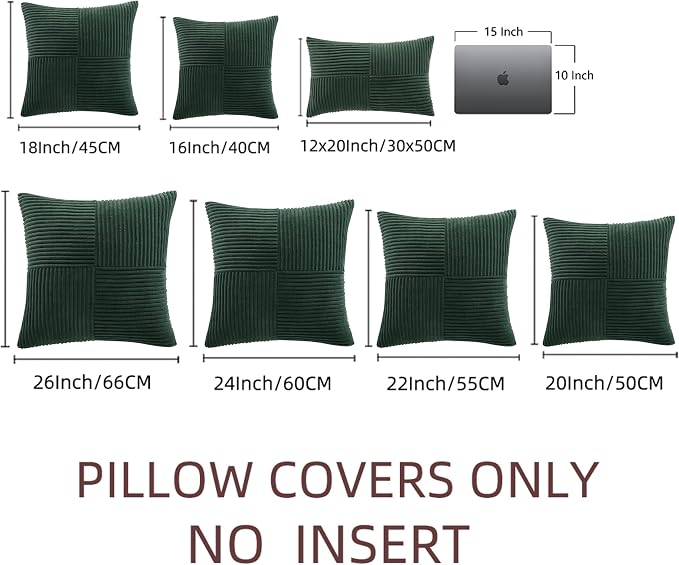 Fancy Homi Dark Green Decorative Throw Pillow Covers 26x26 Inch for Bedroom Couch Bed, Boho Farmhouse Forest Green Home Decor, Soft Corss Corduroy Patchwork Textured Cushion Case