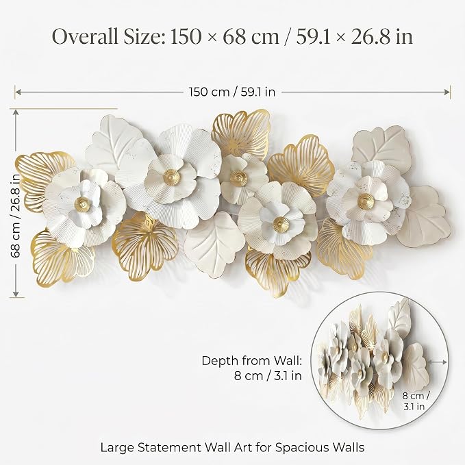 Axioglo 59" Large Wall Decor,3D Floral Metal Wall Art for Living Room | 59" x 27" metal wall decor with layered metal texture, mounting hardware, two-way display