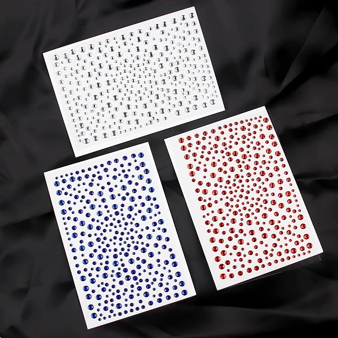 4th of July Self Adhesive Face Gems for Makeup, Red Blue Clear Festival Jewels, Hair Gems, Patriotic Star Rhinestone Stickers for Face, Eye, Makeup, Body (redwhiteblue_6pcs)