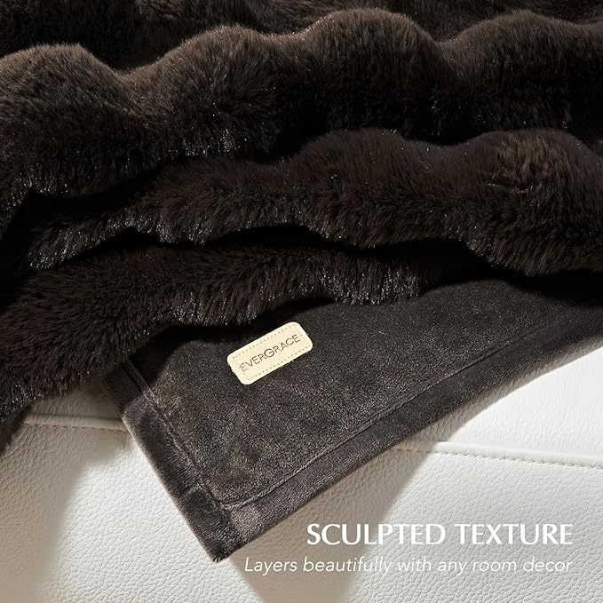 Faux Rabbit Fur Bubble Throw Blanket, 50"x60", Dark Brown | Ultra Soft, Luxury Faux Rabbit Fur Throw, Thick Warm Bubble Blanket, Cozy Fluffy Reversible, for Bed, Couch, Chair, Sofa