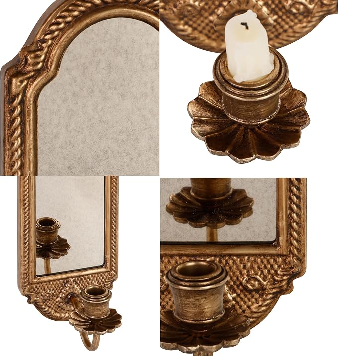 SOFFEE DESIGN Vintage Gold Wall-Mounted Candle Sconce with Mirror - Floral Base & 3D Woven Texture for Bathroom, Dining Room, Entryway