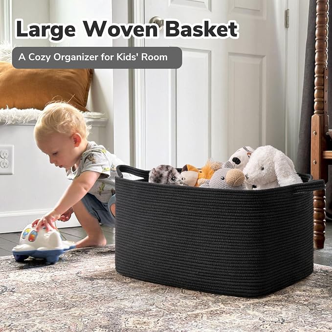 Goodpick Large Woven Rope Blanket Basket, Rectangle, Black, 75L | 21.6'' x 14.9'' x 11.8'' Storage Basket for Blankets, Toys & Pillows, Living Room & Bedroom Organization, Reinforced Handles