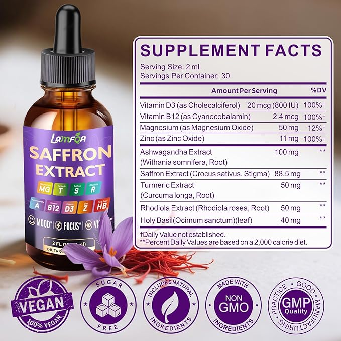 Saffron Extract for Anxiety Relief & Calm Mood Support | 88.5mg Saffron Supplement | Enhanced with Manganese for Brain & Stress Support | Vegan, Non-GMO, Alcohol-Free Tincture, Based in USA - 2 Oz