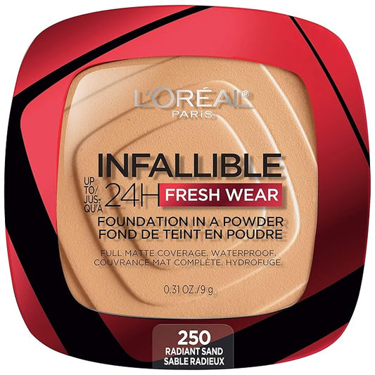 L'Oreal Paris Makeup Infallible Fresh Wear Foundation in a Powder, Up to 24H Wear, Waterproof, Radiant Sand, 0.31 oz.