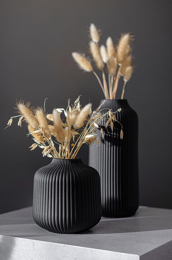 flature Ceramic Vases in Nordic Style, Modern Vase Deco for Pampas Grass, Boho Deco for Windowsill, Vases Set in Black Matt, Flower Vase as Home Decoration for Fresh Flowers, Dried Flowers, Set of 2