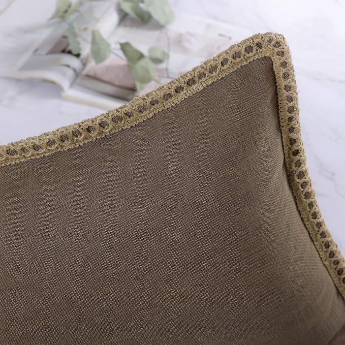 Phantoscope Farmhouse Solid Throw Decorative Pillow Cover Burlap Linen Trimmed Tailored Edges Outdoor Pillow Coffee 18 x 18 inches, 45 x 45 cm