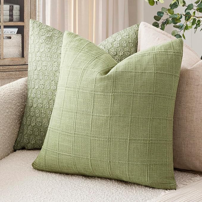 Foindtower Set of 2 Decorative Linen Check Throw Pillow Covers Neutral Farmhouse Vintage Cushion Covers Modern Boho Accent Home Decor for Sofa Chair Couch Bedroom Living Room,26×26 Inch,Light Green
