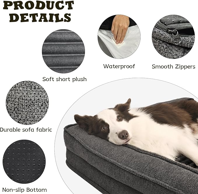WINDRACING Orthopedic Dog Beds for Large Dogs 40x28 inch, L Shape Waterproof Dog Bed with Bolster Sides, Washable Big Pet Bed with Removable Cover & Non-Slip Bottom, Gray