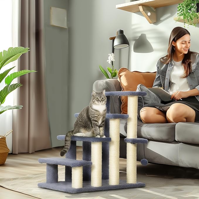 PawHut 4 Levels Cat Steps Pet Stairs Carpeted Ladder for High Bed Gray | Kitten Tree Climber, Scratching Posts, Hanging Play Ball, Side Step, for Sofa
