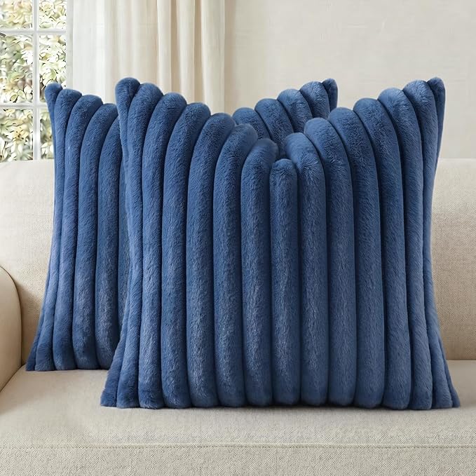 Pallene Faux Fur Decorative Throw Pillow Covers 26x26 Set of 2, Navy Blue | Luxury Plush Texture, Striped Design, Cozy Soft Touch, Modern Home Accent Decor for Couch, Sofa, Bed, Living Room