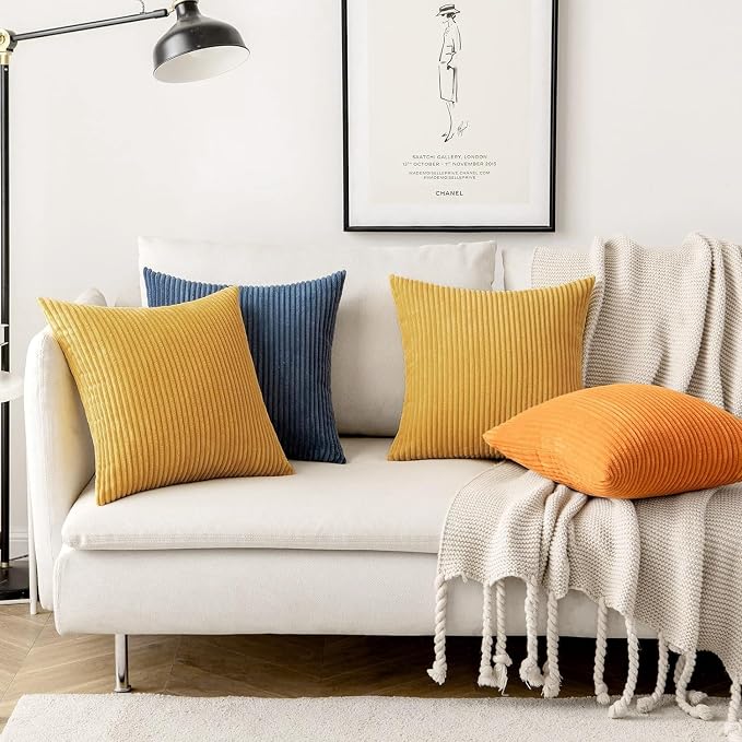 MIULEE Fall Decorative Corduroy Throw Pillow Covers Set of 2 16x16 Gold | Soft Striped Textured Cushion Cases, Boho Rustic Square Pillowcases Neutral Home Decor, for Couch Chair Sofa Bed Living Room