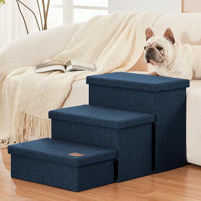 Love's cabin Dog Stairs for High Bed, Foldable Pet Stairs for Small Medium or Large Dogs Puppy with Storage for Bed or Couch, Cat Dog Steps Ramp with Zip up to 200 lbs, Navy Blue, 3 Steps