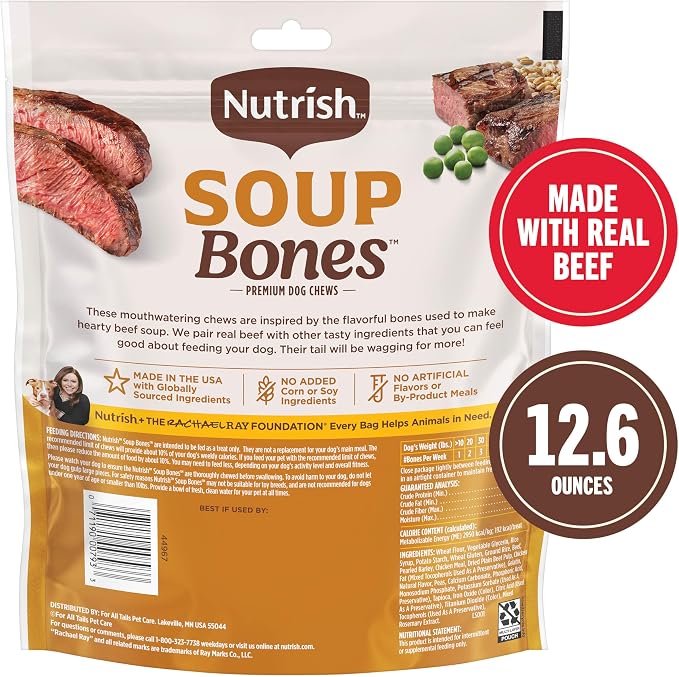 Nutrish Soup Bones Beef Dog Chews, 12.6 oz. Bag (6 Treats) (Rachael Ray) | Rawhide-Free, Contains No Artificial Flavors or By-Product Meals, Soft Texture, Easy on Gums, Resealable Bag