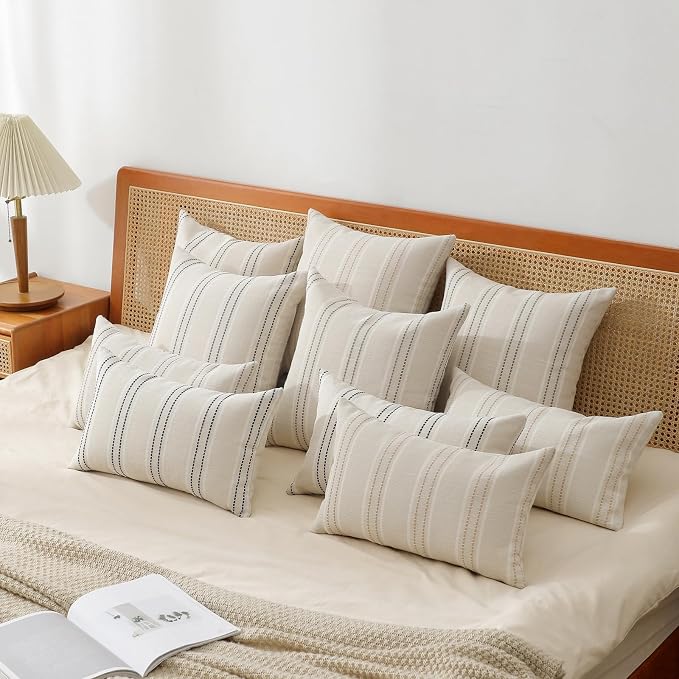 Hckot Navy Blue Throw Pillow Covers 24x24 Set of 2 Striped Pillow Covers Textured Linen Decorative Pillows Square Cushion Covers for Sofa Couch Bed Living Room Farmhouse Decor