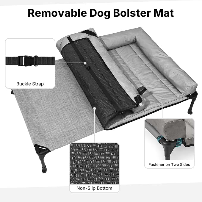 Veehoo Outdoor Elevated Dog Bed with Waterproof Bolster Cushion, Cooling | Raised Dog Bed with Removable & Washable Mat Topper, Breathable Mesh, Dog Couch Cot for Indoor Outdoor, 53", Large, Grey