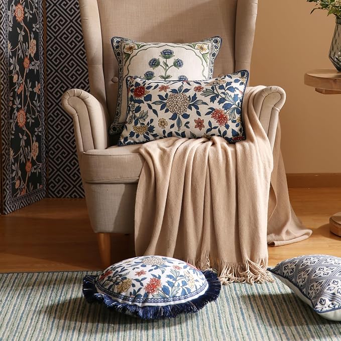 patdrea Designer French Linen Throw Pillow Cover,12"x20",Set of 2-Ivar C | Decorative Pillow Case,Chinoiserie Blue Floral Print Pillow Cover for Couch Living Room Bedroom Sofa