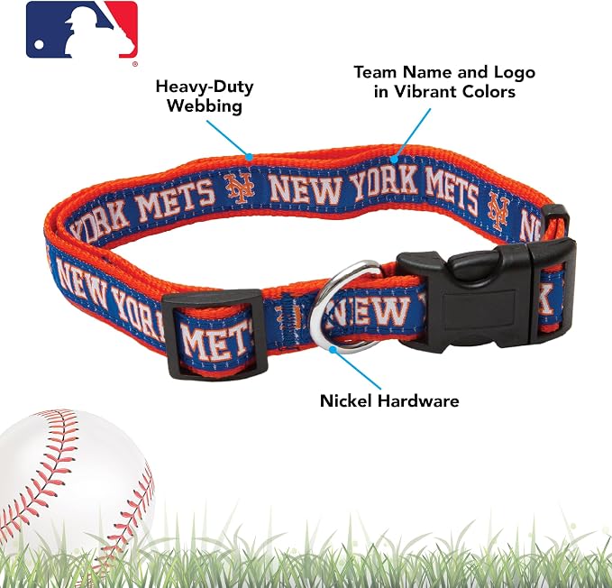 MLB New York Mets Licensed PET COLLAR- Heavy-Duty, Strong, and Durable Dog Collar. Available in 29 Baseball Teams and 4 Sizes