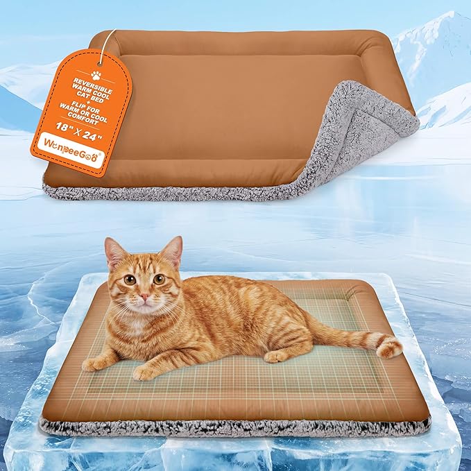 Cooling Mat for Cats, Reversible Self Warming Cat Bed, Dark Brown, 18x24 In | Cool-Touch Ice Silk Side, Plush Fleece Warm Side, Heat-Reflective Foil for Indoor Cats, Kittens, Small Dogs and Crates