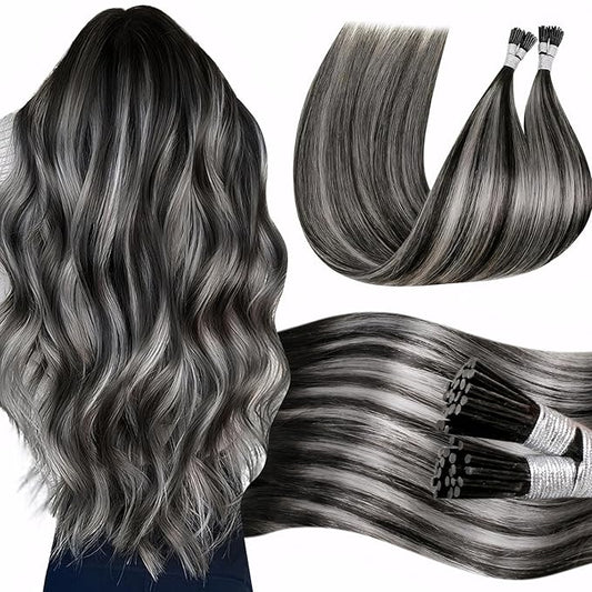 LaaVoo Itip Human Hair Extensions Natural Black Mix Silver Grey 80s Balayage I Tip Hair Extensions Human Hair Soft Straight 14 inch 40g