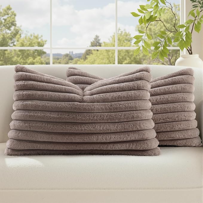 decorUhome Fall Faux Fur Throw Pillow Covers 12x20 Set of 2 Light Coffee | Decorative Soft Cozy Striped Plush Modern Farmhouse Boho Couch Pillow Cases Velvet Back for Sofa Bed Living Room Home Decor