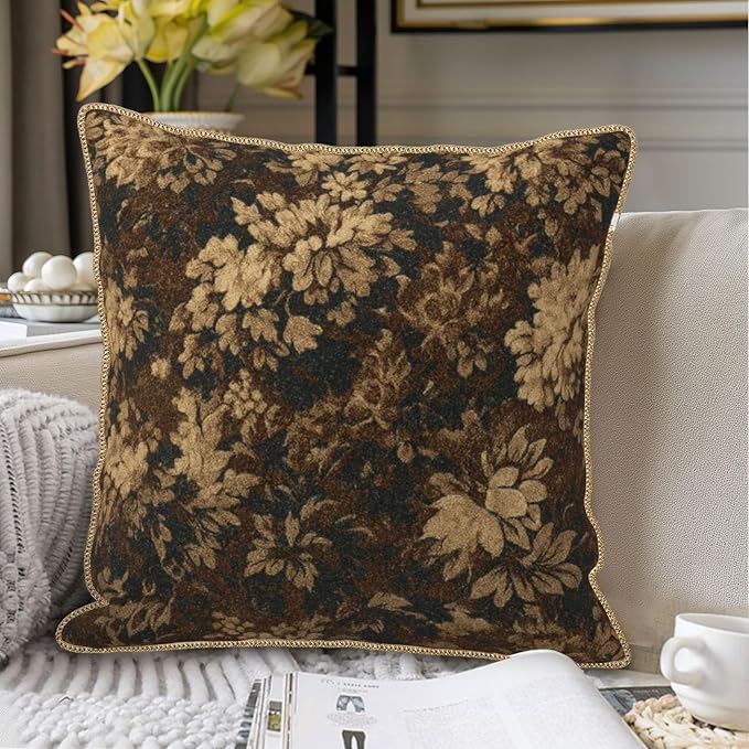 Neutral Flowers Dark Brown Soft Velvet Throw Pillow Covers Set of 2 Boho Vintage Abstract Floral Decorative Pillow Covers 18x18 Inch Retro Bohemian Pillow Case For Sofa Couch Farmhouse Home Decor