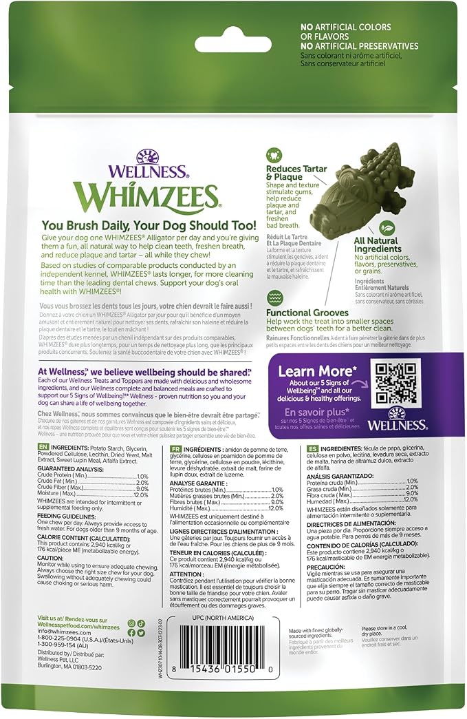 Whimzees Wellness Alligator Natural Dog Dental Treat, Chews, Freshens Breath, Large Size, 12.7 oz Bag, 6 Count