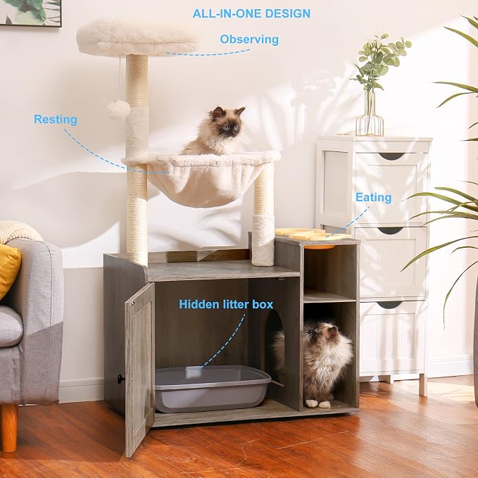 Hey-brother Cat Tree Tower, Food Station, XL Litter Box Enclosure, MPJ101SG | 48.81 Inches Wooden All-in-one Cat Furniture, Large Hammock, Bed, Scratching Posts, Big Basket for Indoor Cats, Rustic Gray