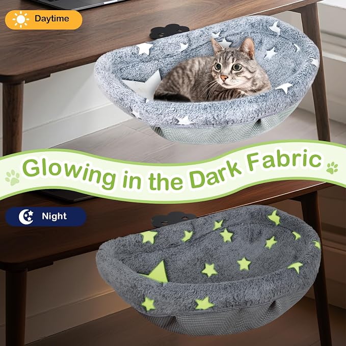 Cat Desk Bed, Adjustable Cat Desk Hammock, Cat Bed for Desk | Glow in The Dark, Removable Washable Cover, Sturdy Metal Frame, Desk Cat Bed, Cat Desk Perch, Supports up to 50 Lbs