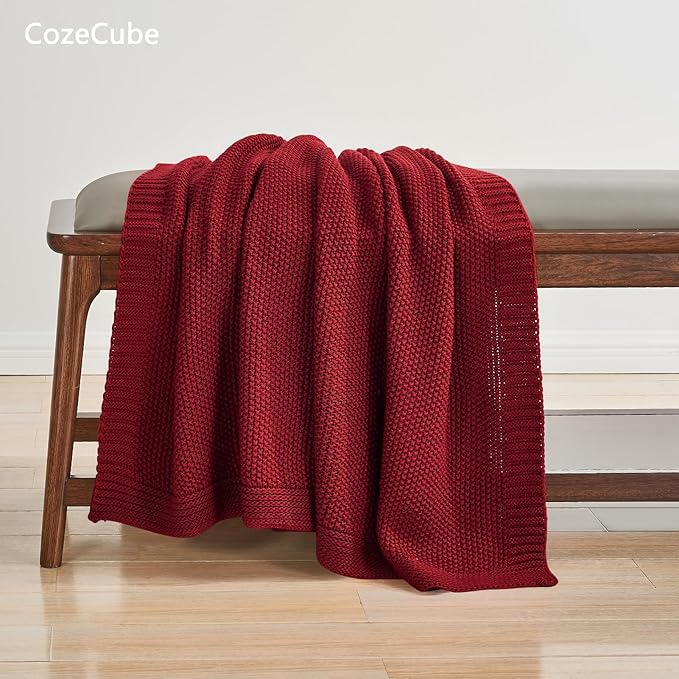 CozeCube Christmas Red Seed Stitch Throw Blanket 60"x80", Farmhouse Decor | Blanket for Couch, Soft Cozy Cable Knit Throw for Bed Sofa Living Room, Lightweight Warm Decorative Christmas Blanket