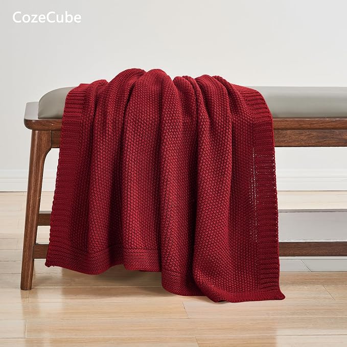 CozeCube Christmas Red Seed Stitch Throw Blanket 50"x60", Farmhouse Decor | Blanket for Couch, Soft Cozy Cable Knit Throw for Bed Sofa Living Room, Lightweight Warm Decorative Christmas Blanket