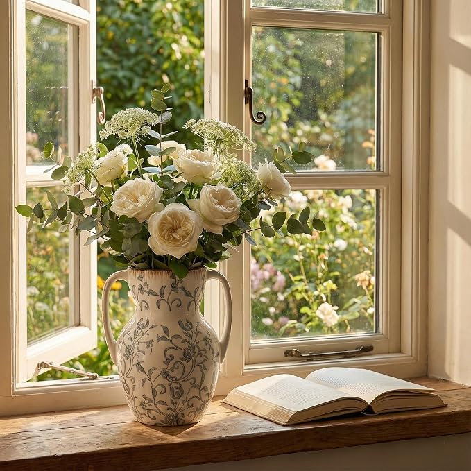 Emotionally Grounded Vase, Vaseking Large Ceramic Rustic Vase with 2 Handles, 8.3 inch Minimalist Decorative Farmhouse Tall Vases for Home Decor, Living Room, Enterway, Table Decoration, Gray Floral