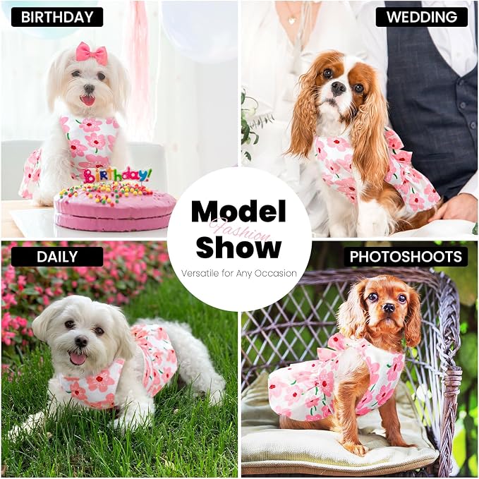 ABRRLO Cute Dog Dress Small Dog Clothes for Girls Female Puppy Outfits Floral Pet Summer Clothes Bowknot Doggy Harness Dress Cat Princess Dresses for Holiday Birthday Party (Pink Floral, Medium)