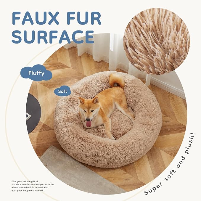 DUMOS 37.4 Inch Large Donut Dog Bed for Indoor Use, Fluffy Faux Fur Plush | Warming Cozy Round Pet Bed, Machine Washable Cuddler, Anti-Slip Bed for Dogs and Cats, Brown