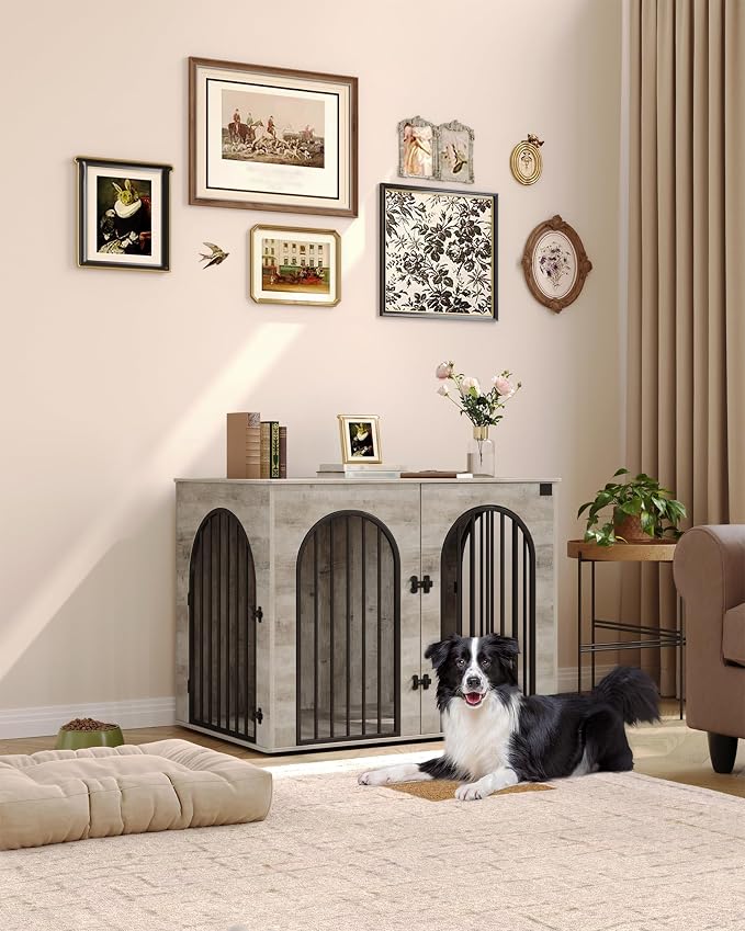 Hzuaneri 44.1'' Dog Crate Furniture,Dog Kennel Indoor for Medium/Large Dogs | Dog Kennel Furniture Wooden Dog Cage Heavy Duty Dog Crate Decorative Pet House End Side Table TV Stand,Greige Black DFC83905B
