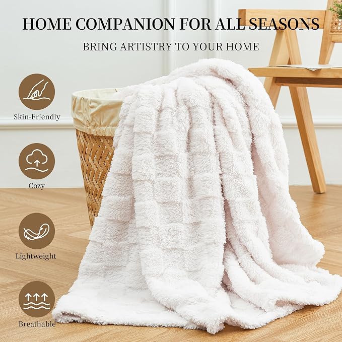 Aganear Fluffy Cozy Throw Blanket for Couch 50"x70" Cream White | Lightweight Fuzzy Throw,Warm Gift for Women,Christmas,Housewarming,Soft,Boho Design for Room Home Decor,All-Season Use