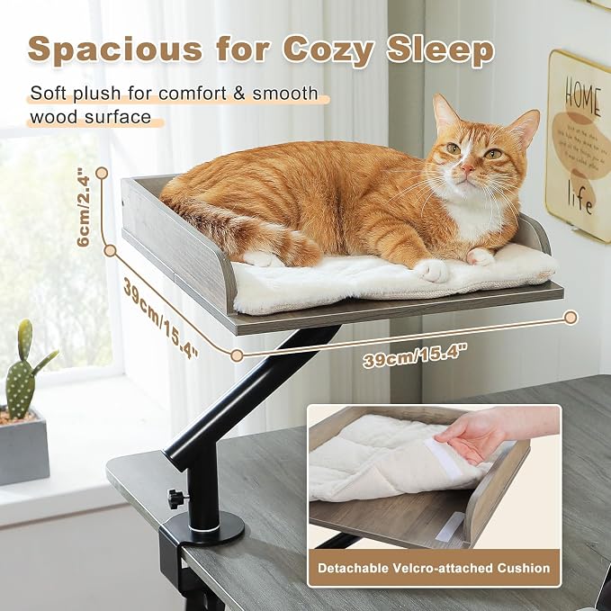 PAWZ Road Cat Desk Bed 360°Rotating Supports to 50 Lbs Cozy Nest for Desk | Wooden Desk Mount Cat Bed with Sturdy Clamp – Fits Desks & Tables, Padded Soft Nest for Cats, Holds Up to 50 lbs