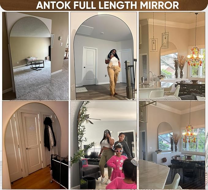 Antok 72" x44” Arched Full Length Floor Mirror, Black Aluminum Frame, Free Standing/Wall Mount/Leaning for Bedroom, Living Room, Dressing Room