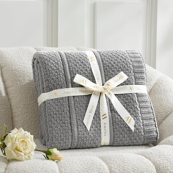 Premium Chenille Throw Blanket, Soft Cozy Moss Stitch Knit Blanket for Couch, Sofa, Chair, Home Decor, Grey 50"x60"