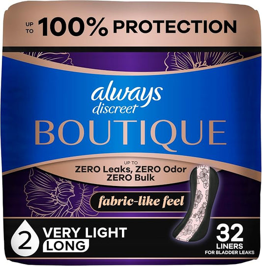 Always Discreet Boutique Adult Incontinence Bladder Leak Panty Liners for Women, Very Light Absorbency, Long Length, Up to 100% Bladder Leak Protection, 32 Count