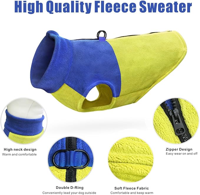 Idepet Dog Fleece Vest Sweater Zip Up Warm Pullover Dogs Jacket with D-Ring Leash Winter Cold Weater Coat Pet Sweatershirt Clothes Hoodie for Small Medium Dogs Boy Girl (Blue/Green, XL)