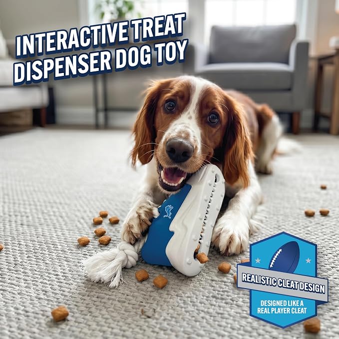Pets First NFL Detroit Lions Cleat Sneaker Spike Dog Toy, Football Treat Dispenser Chew Toy for Dogs, Interactive Rope Tug Toy, Slow Feeder Natural Rubber Dog Toy with Official Team Logo