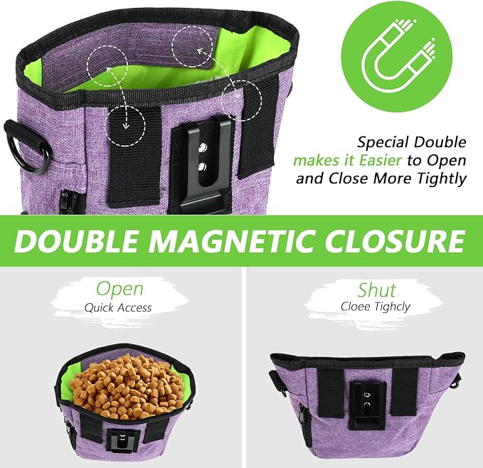 kissleaf Dog Treat Pouch, Magnetic Closure, Dog Clicker- Purple