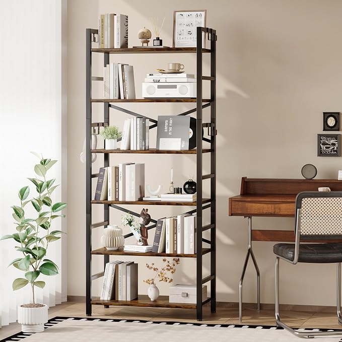 Homeiju 6 Tier Bookshelf, Industrial Bookcase with 8 Hooks, Vintage Storage Rack with Open Shelves, Rustic Standing Bookshelves Metal Frame Display Rack for Living Room, Bedroom, Rustic Brown
