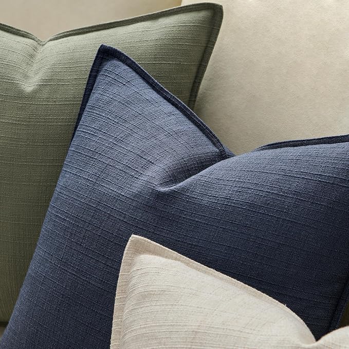 MIULEE Thick Textured Navy Blue Decorative Throw Pillow Covers 18x18 Inch | Set of 2, Linen Blend Pillow Cover, Flange Edge Design, Farmhouse Modern Boho Style, Bed Couch Living Room Decor