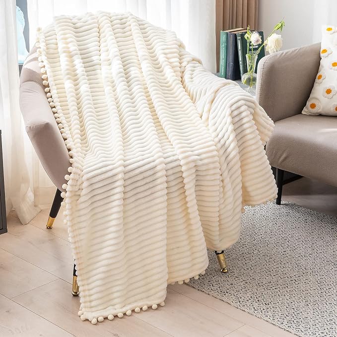 DISSA Fleece Blanket Queen Size – 90x90, Beige - Soft, Plush, Fluffy, Fuzzy, Warm, Cozy – Perfect Throw for Couch, Bed, Sofa - with Pompom Fringe - Flannel Blanket
