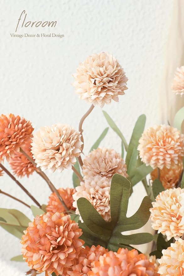 9pcs Burnt Orange Peach Mix Faux Silk Mums Artificial Flowers, Bulk Fake Small Mini Chrysanthemums with Stems for DIY Wedding Centerpieces Floral Arrangements Vase Fillers Home Decorations