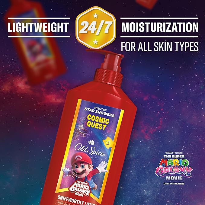 Old Spice Hand and Body Lotion for All Skin Types, x The Super Mario Galaxy Movie, 24/7 Lightweight Moisturization, Smell Super with Cosmic Quest, Scent of Star Showers, 16oz