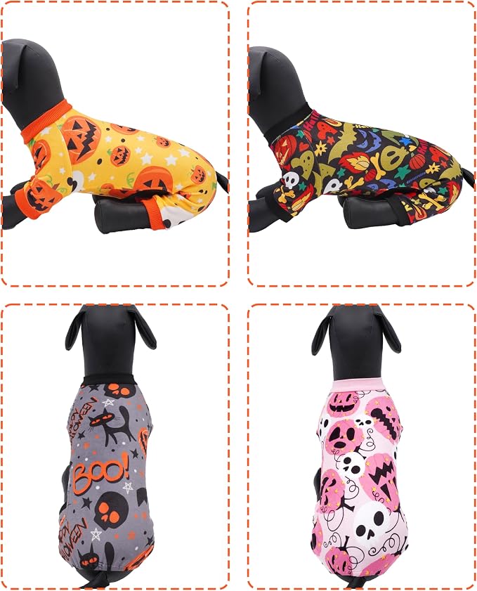 PET SHOW 4 Pack Halloween Fleece Dog Pajamas Warm for Medium Dogs | Soft stretchy dogs onesies,boy girl pjs with sleeve,holiday jumpsuit costume for small pets,L