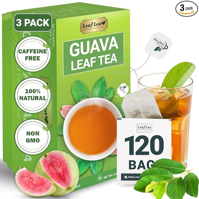 LeafLea Guava Leaf Tea Bags, Guava Leaves Tea, Caffeine-Free, 120 Count | Smooth, Mellow Guava Leaves Tea For Everyday Sipping — Foil-Wrapped Freshness, Sugar-Free, 120 Bags In A 3-Box Value Pack