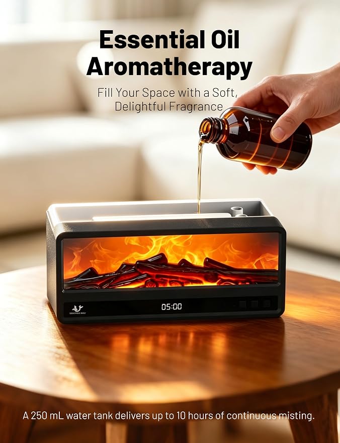 Fireplace Aroma Diffuser for Bedroom Nightstand, Essential Oil Diffuser with Realistic Flame Effect, Remote Control, Timer Auto-Off, 7 Color LED Ultrasonic Aromatherapy Diffuser for Home Office Decor